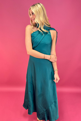 The Teal Ascension Satin Maxi Dress