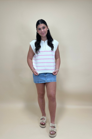 Half Zip Drop Shoulder Striped Sweater Top