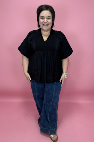 Curvy Front Smocked Yoke Top
