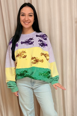 Glittering Mardi Gras Krewe Sequin Crawfish Sweatshirt