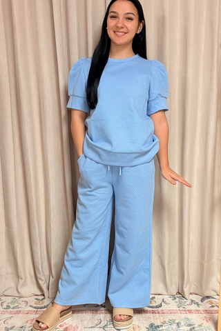 High Voltage Textured Puff Sleeve/Crop Wide Pant Set