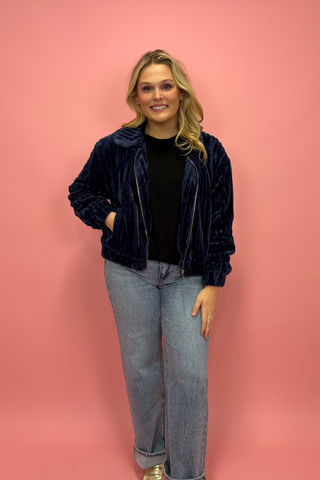 Midnight Plush Ribbed Velour Zip Jacket
