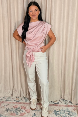 Satin Shore Boat Neck Waist Tie Top