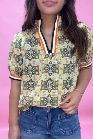 Golden Garden Stripe Trim Top