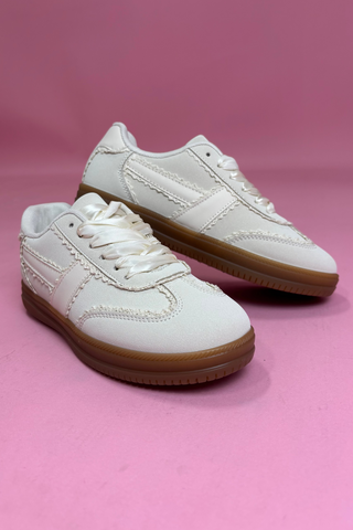 Ribbon-Tie Cream Sneakers