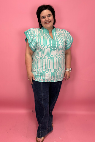 Mint Mirage Ruffle Trim Top